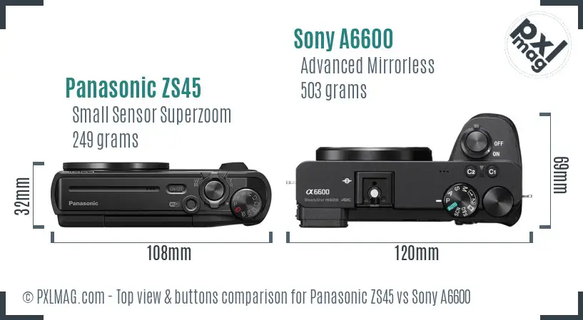 Panasonic ZS45 vs Sony A6600 top view buttons comparison