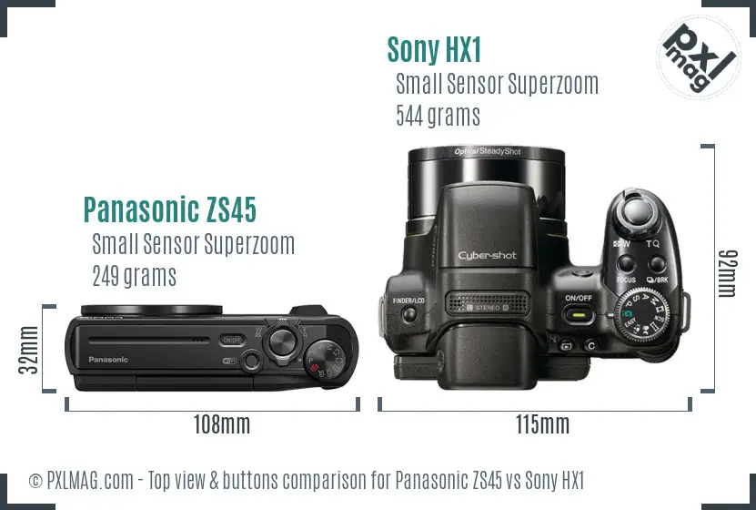 Panasonic ZS45 vs Sony HX1 top view buttons comparison