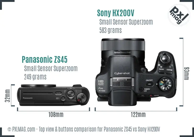 Panasonic ZS45 vs Sony HX200V top view buttons comparison