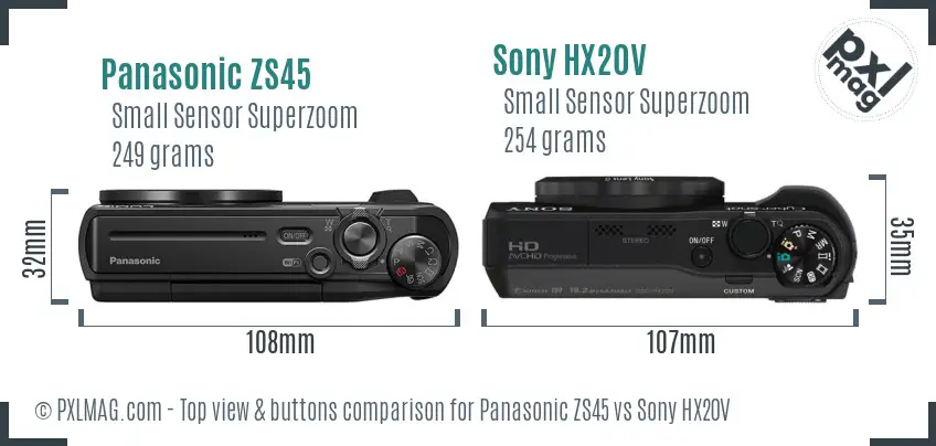 Panasonic ZS45 vs Sony HX20V top view buttons comparison Panasonic ZS45 vs Sony HX20V top view buttons comparison