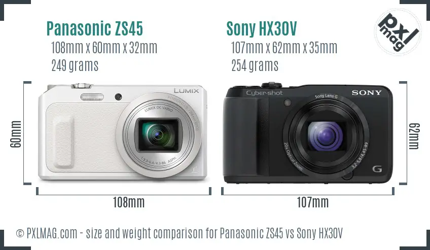 Panasonic ZS45 vs Sony HX30V size comparison