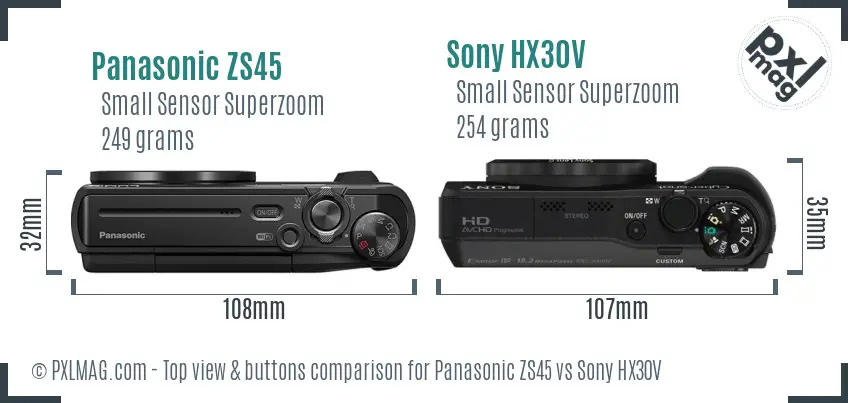 Panasonic ZS45 vs Sony HX30V top view buttons comparison