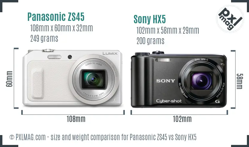 Panasonic ZS45 vs Sony HX5 size comparison