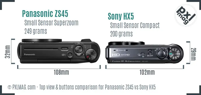 Panasonic ZS45 vs Sony HX5 top view buttons comparison
