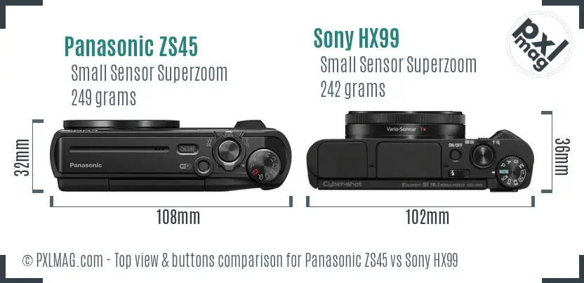 Panasonic ZS45 vs Sony HX99 top view buttons comparison