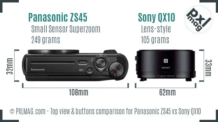 Panasonic ZS45 vs Sony QX10 top view buttons comparison