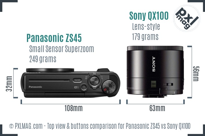 Panasonic ZS45 vs Sony QX100 top view buttons comparison