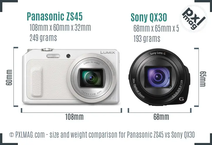 Panasonic ZS45 vs Sony QX30 size comparison Panasonic ZS45 vs Sony QX30 size comparison
