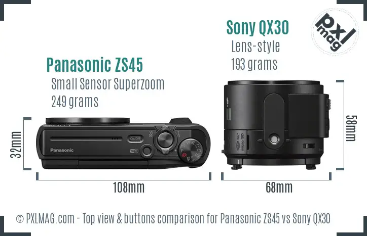 Panasonic ZS45 vs Sony QX30 top view buttons comparison Panasonic ZS45 vs Sony QX30 top view buttons comparison
