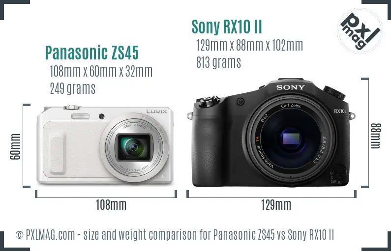 Panasonic ZS45 vs Sony RX10 II size comparison