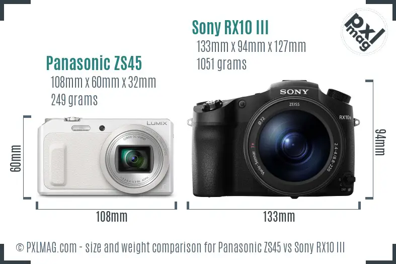 Panasonic ZS45 vs Sony RX10 III size comparison