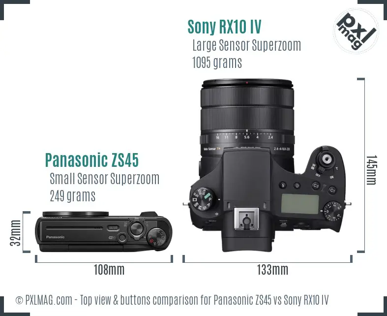 Panasonic ZS45 vs Sony RX10 IV top view buttons comparison Panasonic ZS45 vs Sony RX10 IV top view buttons comparison