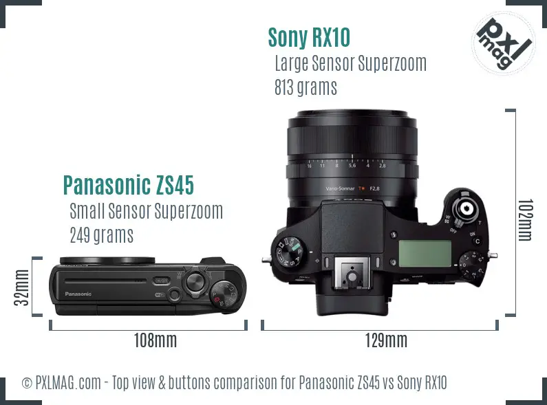 Panasonic ZS45 vs Sony RX10 top view buttons comparison