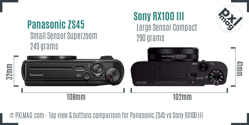 Panasonic ZS45 vs Sony RX100 III top view buttons comparison