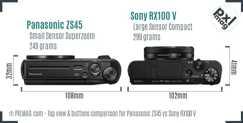 Panasonic ZS45 vs Sony RX100 V top view buttons comparison