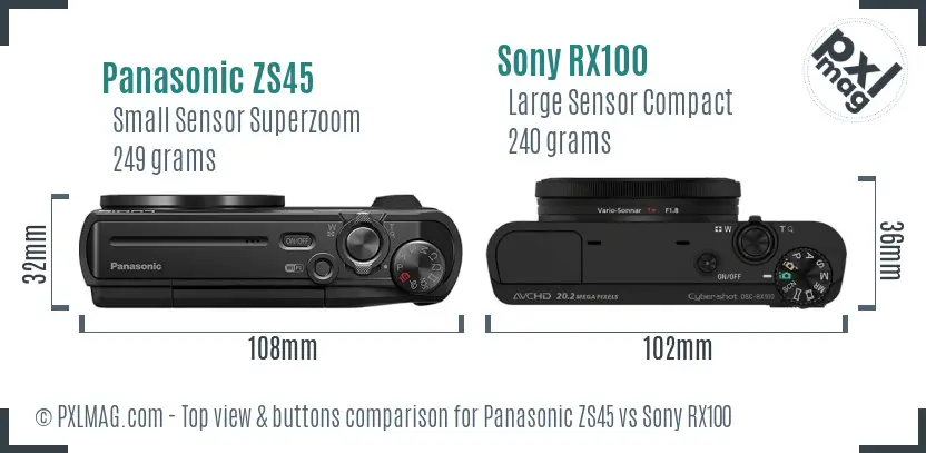 Panasonic ZS45 vs Sony RX100 top view buttons comparison