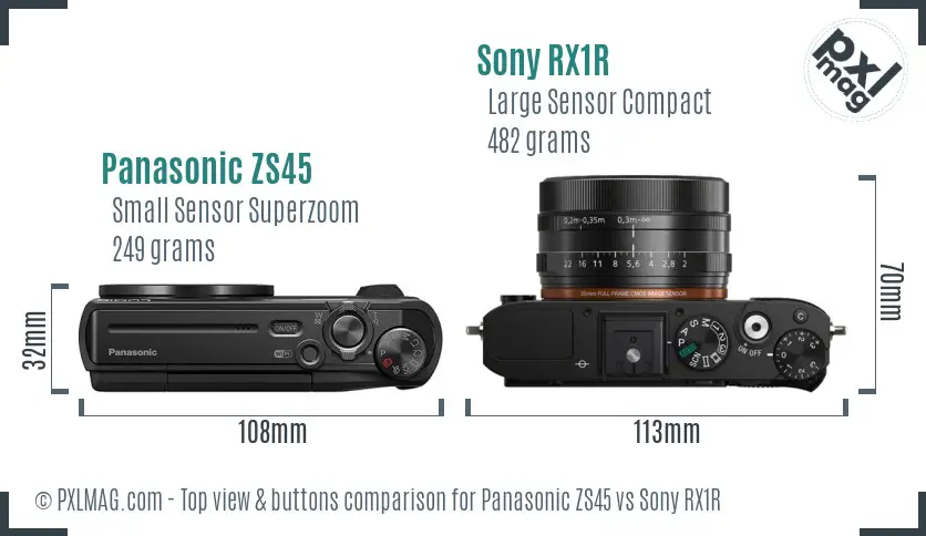 Panasonic ZS45 vs Sony RX1R top view buttons comparison Panasonic ZS45 vs Sony RX1R top view buttons comparison