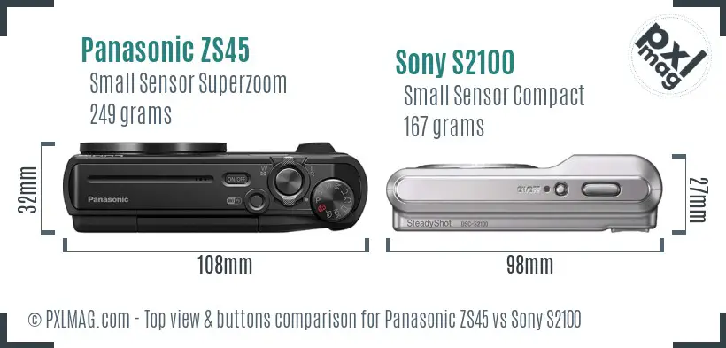 Panasonic ZS45 vs Sony S2100 top view buttons comparison Panasonic ZS45 vs Sony S2100 top view buttons comparison