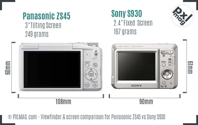 Panasonic ZS45 vs Sony S930 Screen and Viewfinder comparison
