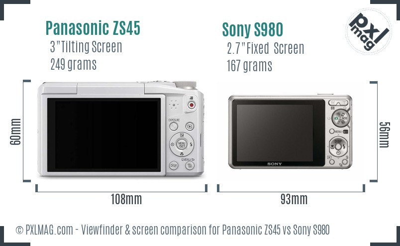 Panasonic ZS45 vs Sony S980 Screen and Viewfinder comparison