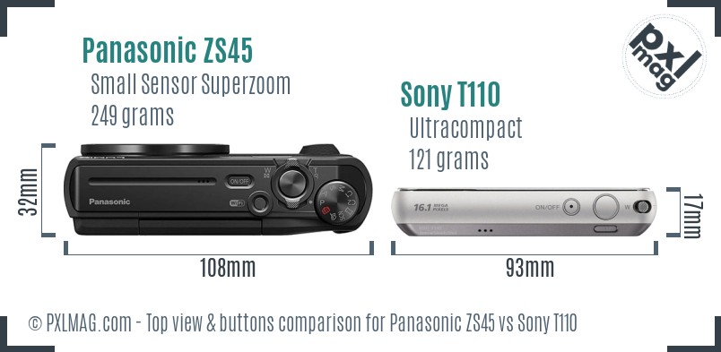 Panasonic ZS45 vs Sony T110 top view buttons comparison