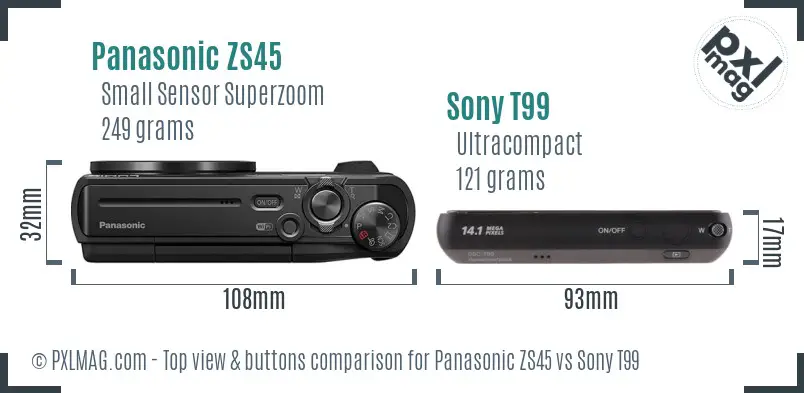 Panasonic ZS45 vs Sony T99 top view buttons comparison