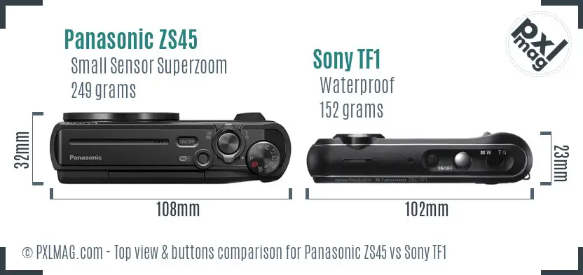 Panasonic ZS45 vs Sony TF1 top view buttons comparison Panasonic ZS45 vs Sony TF1 top view buttons comparison