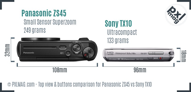 Panasonic ZS45 vs Sony TX10 top view buttons comparison