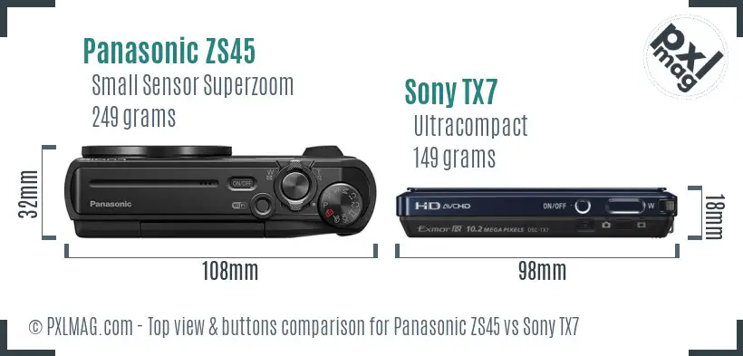 Panasonic ZS45 vs Sony TX7 top view buttons comparison