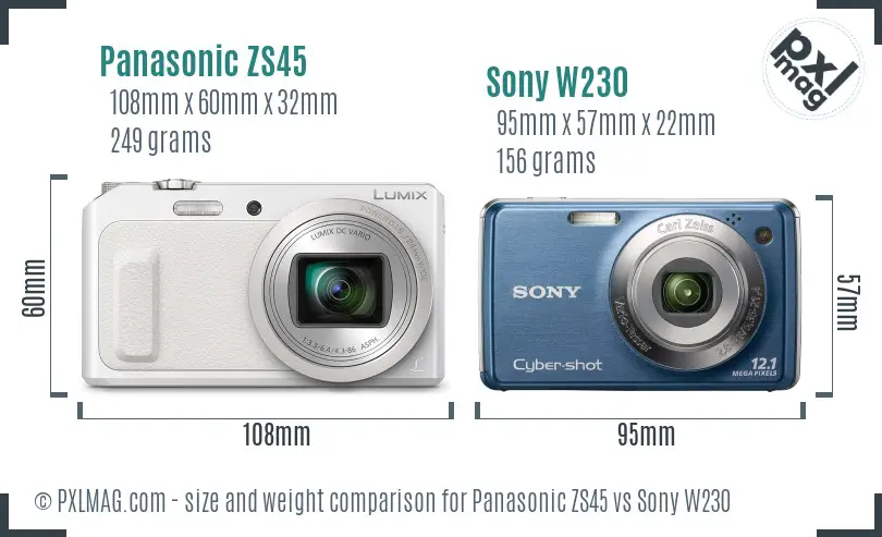 Panasonic ZS45 vs Sony W230 size comparison