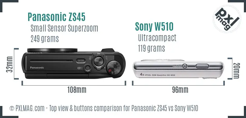 Panasonic ZS45 vs Sony W510 top view buttons comparison