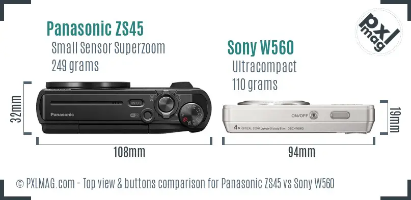 Panasonic ZS45 vs Sony W560 top view buttons comparison Panasonic ZS45 vs Sony W560 top view buttons comparison