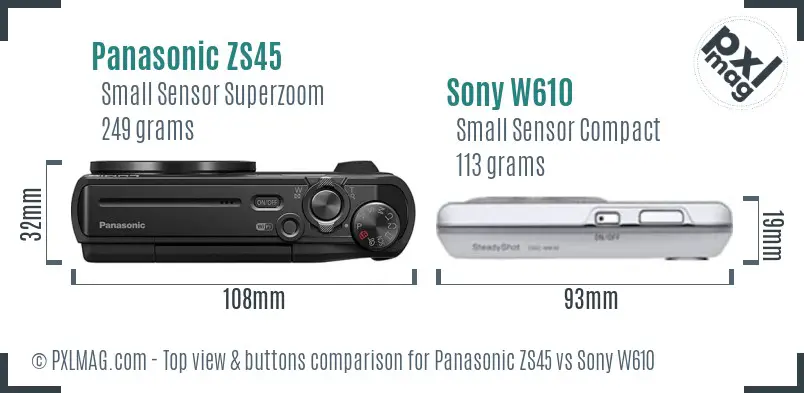 Panasonic ZS45 vs Sony W610 top view buttons comparison