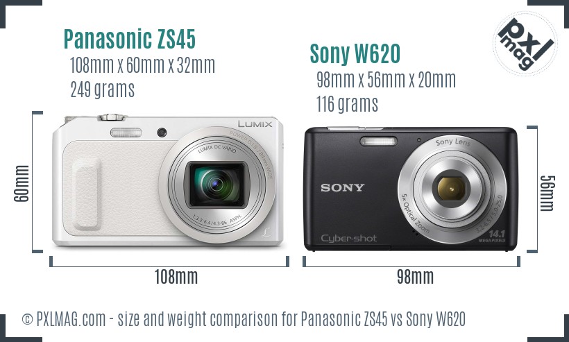 Panasonic ZS45 vs Sony W620 size comparison