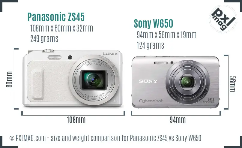 Panasonic ZS45 vs Sony W650 size comparison