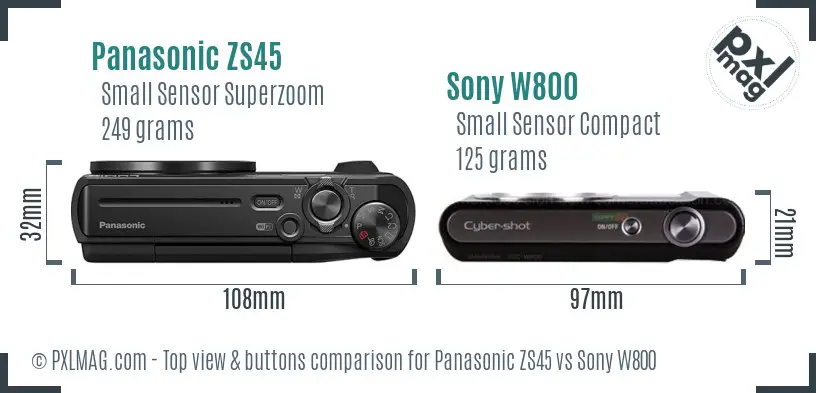 Panasonic ZS45 vs Sony W800 top view buttons comparison