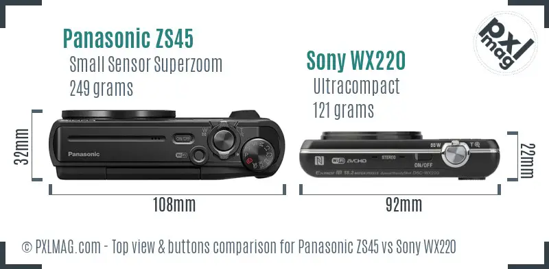 Panasonic ZS45 vs Sony WX220 top view buttons comparison