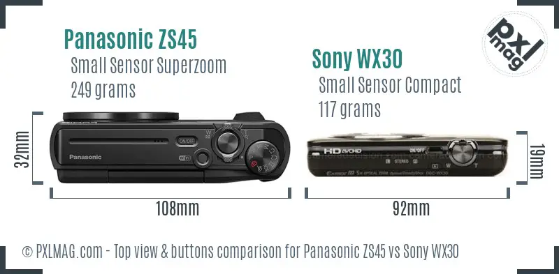 Panasonic ZS45 vs Sony WX30 top view buttons comparison