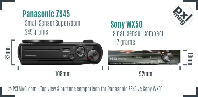 Panasonic ZS45 vs Sony WX50 top view buttons comparison