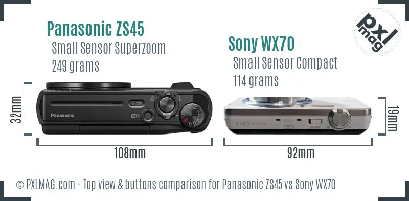 Panasonic ZS45 vs Sony WX70 top view buttons comparison