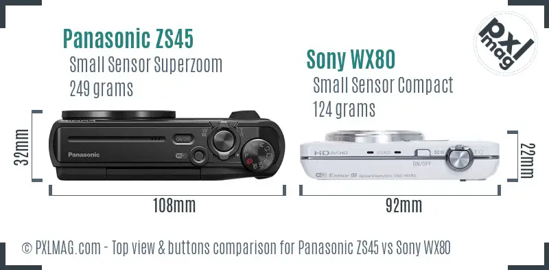 Panasonic ZS45 vs Sony WX80 top view buttons comparison Panasonic ZS45 vs Sony WX80 top view buttons comparison