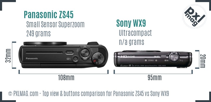 Panasonic ZS45 vs Sony WX9 top view buttons comparison