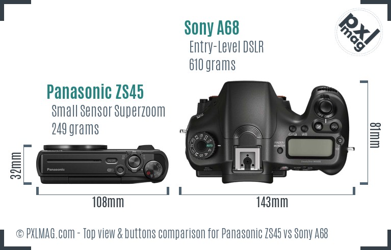 Panasonic ZS45 vs Sony A68 top view buttons comparison