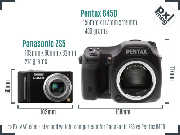 Panasonic ZS5 vs Pentax 645D size comparison