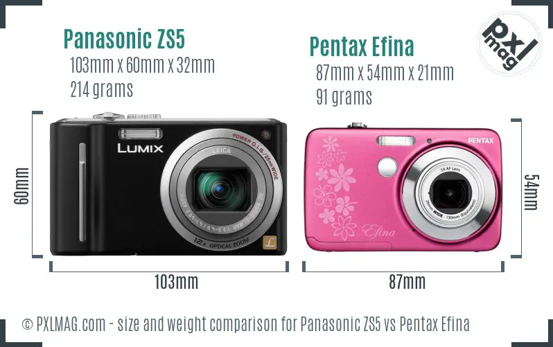 Panasonic ZS5 vs Pentax Efina size comparison