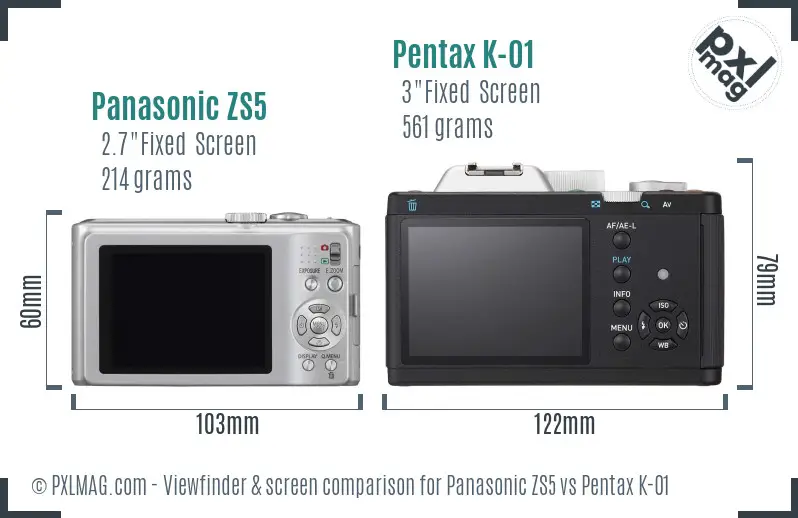 Panasonic ZS5 vs Pentax K-01 Screen and Viewfinder comparison