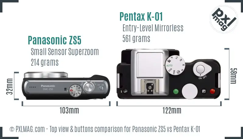 Panasonic ZS5 vs Pentax K-01 top view buttons comparison