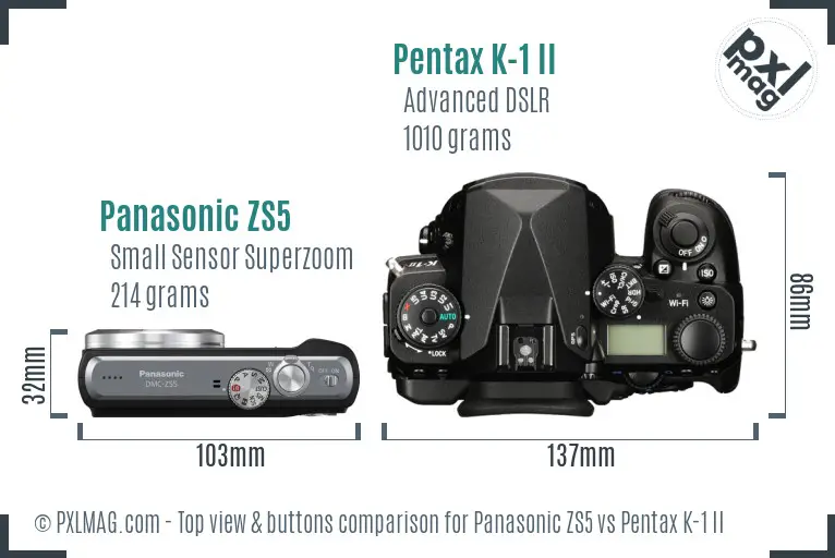 Panasonic ZS5 vs Pentax K-1 II top view buttons comparison