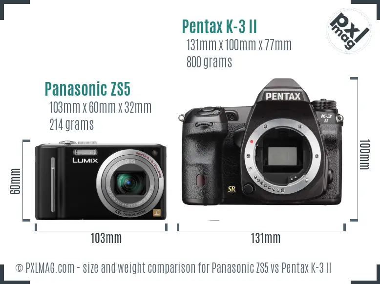 Panasonic ZS5 vs Pentax K-3 II size comparison