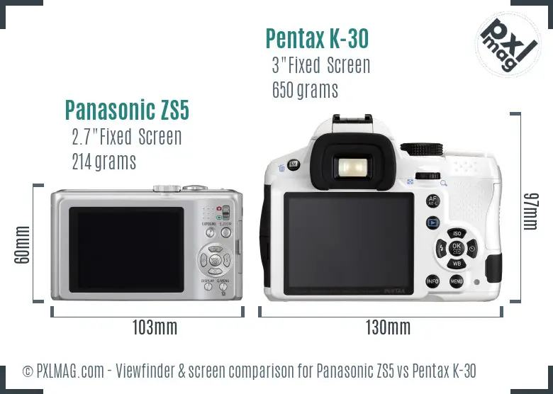 Panasonic ZS5 vs Pentax K-30 Screen and Viewfinder comparison